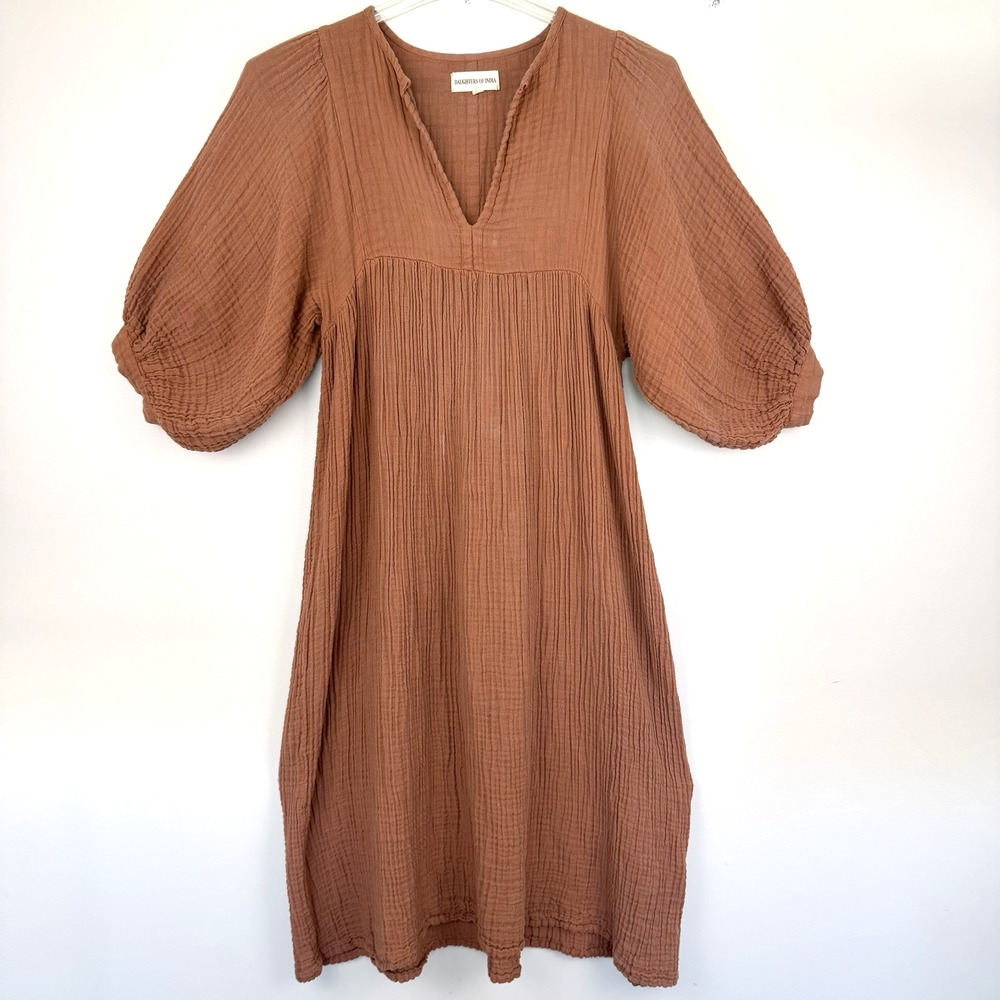 Daughters of India Kyra Midi Dress Size S Pumpkin Cotton Gauze Boho Coastal FLAW